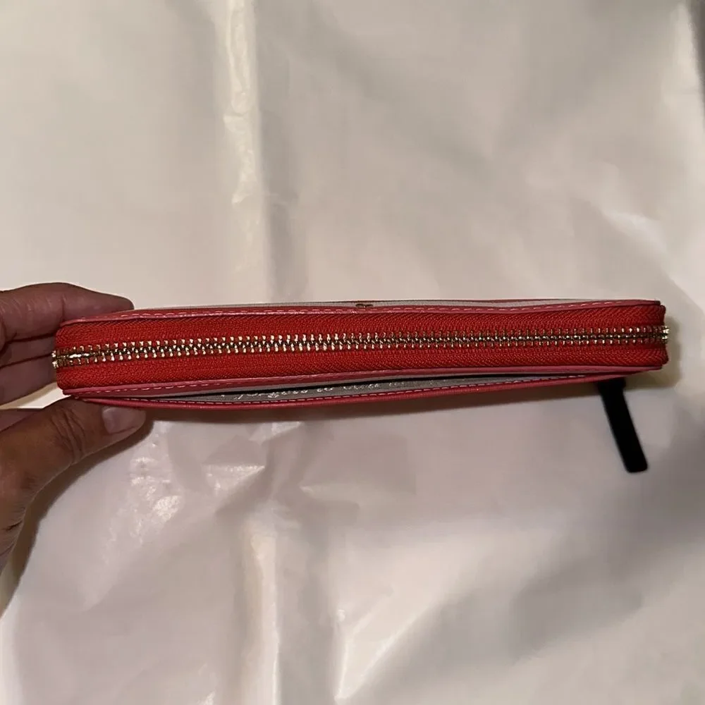 kate spade White Coral Pink Stripe Zip Around Leather Wallet